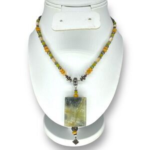 Serpentine Large Green Multi-Stone Beaded Necklace Sterling Silver Toggle Clasp